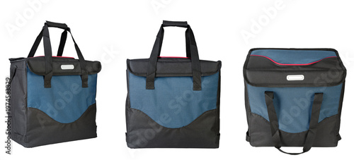 Insulated cooler bag isolated on white background, thermal lunch bag front and back view