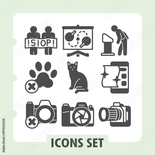 People stop, pet ban, photo camera ban icons, collection illustrating concepts such as public speaking, pet restrictions and photography rules. Set of nine glyph icons on white background.