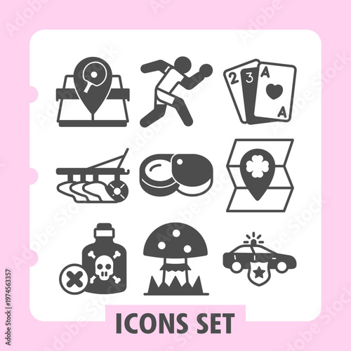 Tennis game, harvester, poison jar ban icons, collection illustrating concepts such as travel, health, gaming, location and daily. Set of nine glyph icons on white background.