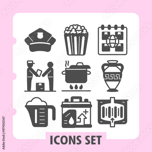 Policeman hat, courier, beaker cup icons, collection illustrating concepts such as headgear, cooking, education, waste management, housing and storage. Set of nine glyph icons on white background.