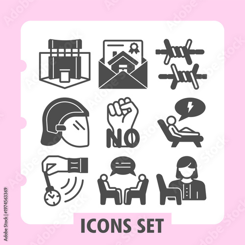Promotion stand, firefighter helmet, clock icons, collection illustrating concepts such as business, communication, social issues and time management. Set of nine glyph icons on white background.