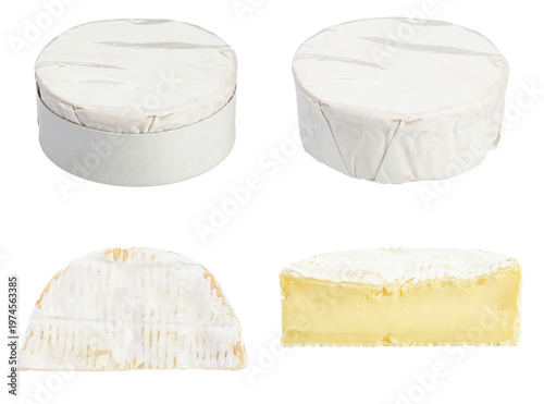 Camembert cheese whole and cut isolated on white background, soft cheese with white mold