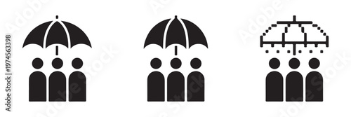 Group under umbrella for protection and security safety concept illustration with three people silhouette.