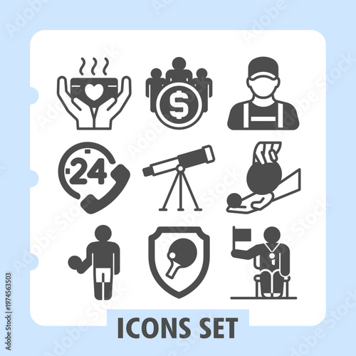Food plate, technical support, tennis player icons, collection illustrating concepts such as care, security, time management, communication and support. Set of nine glyph icons on white background.
