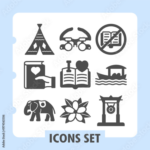 Wigwam, love story book, elephant animal icons, collection illustrating concepts such as travel, love, education, culture and daily life. Set of nine glyph icons on white background.