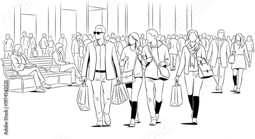 Crowd of people line drawing in urban public space illustration
