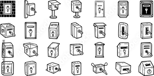 Hand-Drawn Utility  Security Icons: Mailboxes, Lockboxes, Keyholes, Keys, and Safes Vector Set in Black  White Line Art Doodle Style.