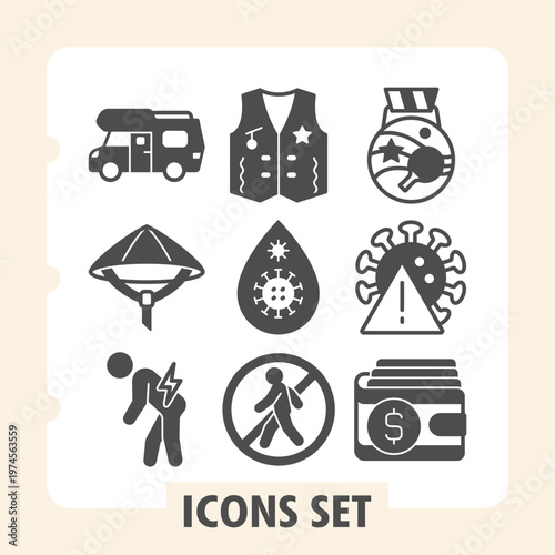 Trailer truck, chinese hat, older man icons, collection illustrating concepts such as travel, safety, tourism, leisure and lifestyle. Set of nine glyph icons on white background.