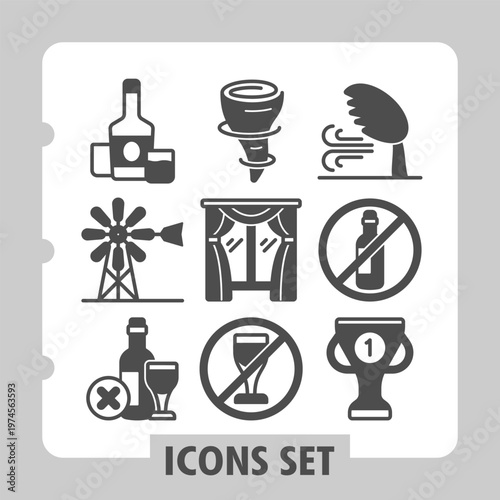 Whisky drink, windmill, wine bottle icons, collection illustrating concepts such as energy, fashion, sports, celebration and leisure. Set of nine glyph icons on white background.
