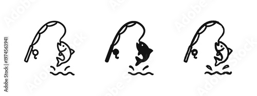Fishing rod with fish icon set in doodle style. Hand-drawn black and white fishing and fish catching symbols.