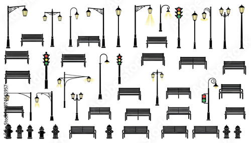 Street furniture and traffic light icon set with benches and lamp posts