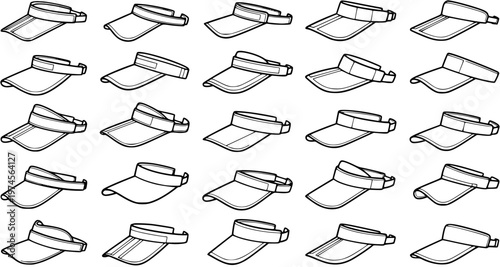 Black and White Line Art Collection of Sports Visors, Sun Hats and Caps for Fashion and Sport