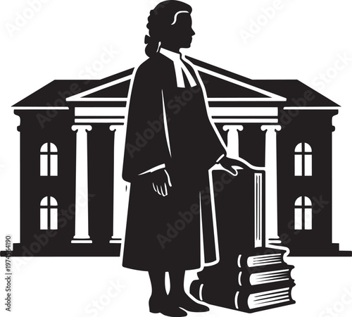 Lawyer Standing in Front of Court Building Minimal Vector Silhouette Legal Illustration