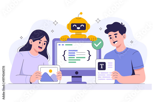 People working with an AI robot on a computer showing code snippet artificial intelligence flat design computer programming illustration technology teamwork development software assistant