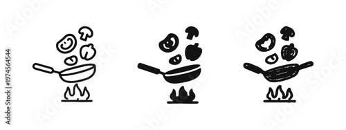 Cooking vegetables in frying pan icon set in doodle style. Hand-drawn black and white skillet with tossed veggies symbols.