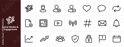 Social Media and Engagement Line Icon Set - Minimalist Digital Marketing and Communication Vector Illustrations