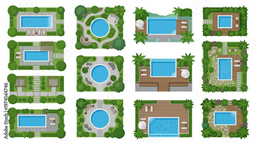 Illustrated top-down collection of diverse landscape garden designs, featuring various swimming pool layouts and outdoor leisure areas.
