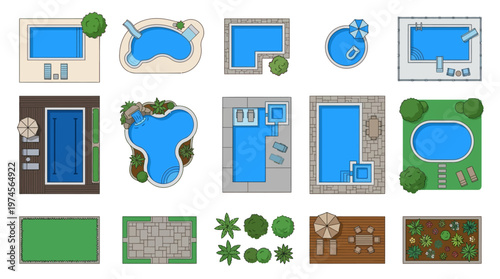 Comprehensive top-view illustration set showcasing backyard swimming pools, garden layouts, and outdoor recreational symbols.