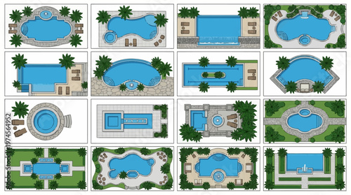 Top-down view vector illustrations presenting a diverse array of luxury swimming pool and sophisticated garden design symbols.