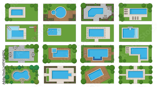 A collection of overhead view vector illustrations depicting diverse swimming pool designs for modern backyard and garden layouts.