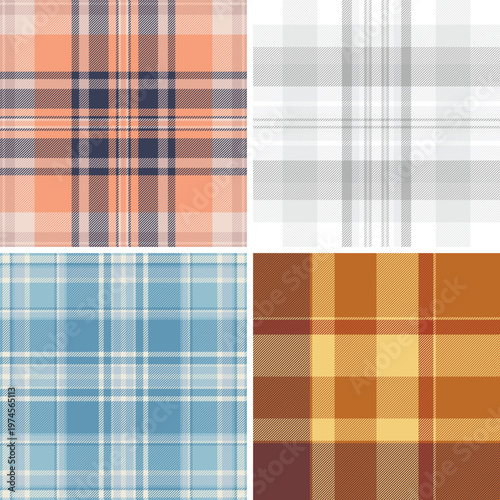 Plaid pattern pack tailored for childrens apparel design. Coordinated tartan patterns fit shirts, dresses, and rompers. Seamless vector repetition aligns perfectly.