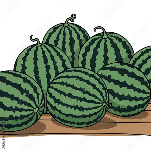 Illustration of a pile of watermelons on a wooden surface.