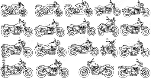 Automotive Transportation Motorcycles Black and White Line Art Doodle Collection. Outline Sketch Set of Various Motorbikes, Choppers, and Sport Bikes.