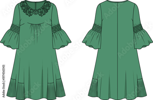 Women green dress vector illustration, boho style tunic with bell sleeves, floral neckline technical sketch, fashion garment isolated on white background, professional graphics.