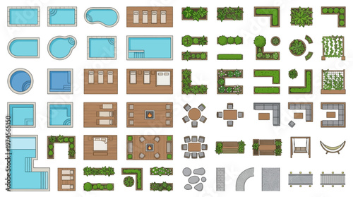 Top-down vector symbols for modern outdoor living and landscape design, including pools, patio furniture, and garden elements.