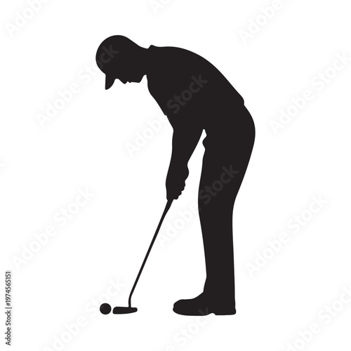 Silhouette of a golfer preparing to putt on a green course