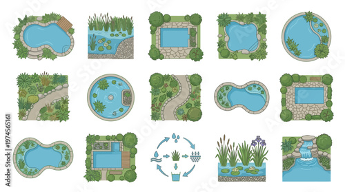 Overhead view illustrations showcasing eco-friendly garden water features, natural ponds, pools, and landscape design elements for outdoor backyard planning.