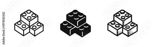 Building blocks toy icon set in doodle style. Hand-drawn black and white construction bricks symbols for kids play.