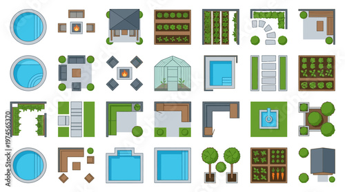 Top-down view vector set of compact small space garden symbols, illustrating various outdoor living and backyard design elements.