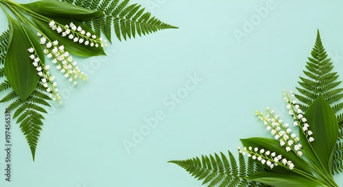 Spring floral flat lay featuring white lily of the valley flowers and green ferns on pastel blue background