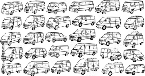 Automotive Transportation Black and White Line Art Collection of Hand-Drawn Vans, Minibuses, and Commercial Vehicles Outline Sketches