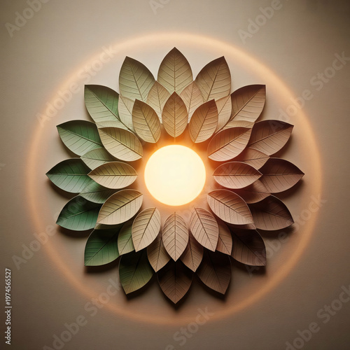 Rustic mandala arrangement featuring layered leaf shaped petals surrounding a radiant glowing circular light center on a neutral textured background surface design
