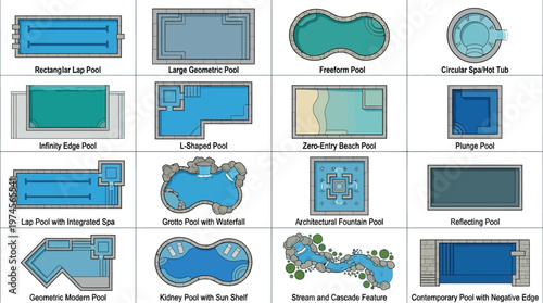 Detailed top-view illustration of various high-end landscape planning symbols for modern swimming pools and elegant water features.
