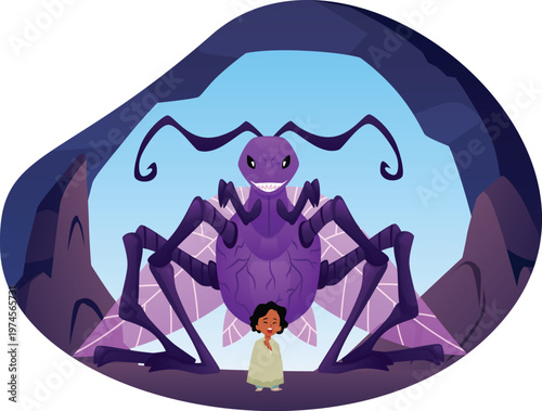 A huge purple insectoid monster with multiple llamas, wings, and a crying child in a cave.