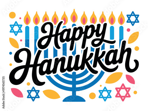 A colorful Hanukkah greeting card with a menorah and stars of David on a white background