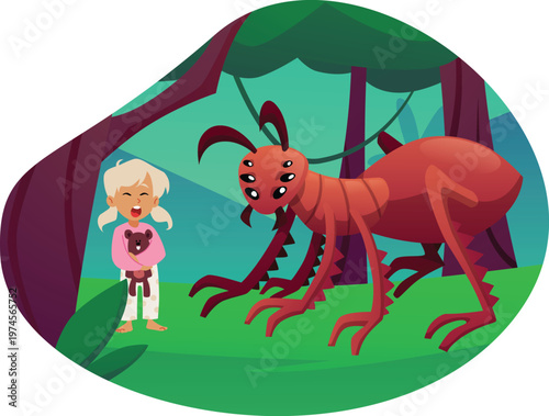 A crying girl near a huge ant monster with many eyes, in a round frame.