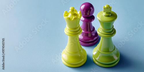 Glossy neon chess pieces on a blue background, with a purple pawn centered behind two lime-green royal pieces.