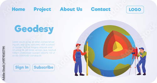Geodesy landing page vector flat design, surveyors using theodolite and leveling rod, Earth globe in cross section