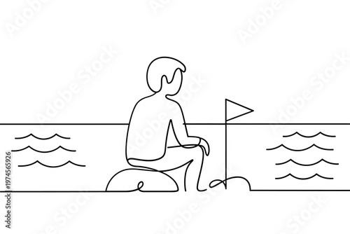 Minimalist line drawing of a person fishing by the water s edge