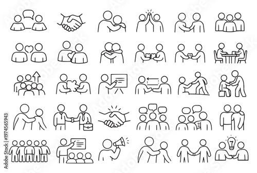 teamwork collaboration and human relationships community line icons vector