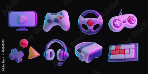 Realistic gamepad, headphones, vr glasses, computer keyboard 3D plastic style vector icon set, game metaverse collection