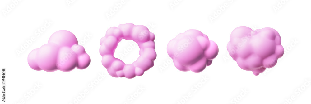 Fototapeta premium Pink cloud round shape 3D plastic style vector icons set, cartoon weather forecast cloudy circle balloon, meteorology