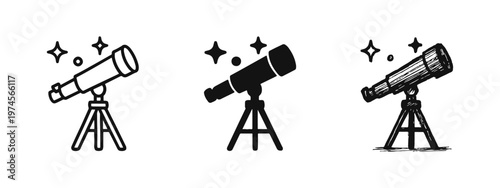 Telescope with stars icon set in doodle style. Hand-drawn black and white astronomy and stargazing observation symbols.