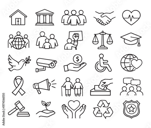 human rights justice and civil society advocacy line icons vector