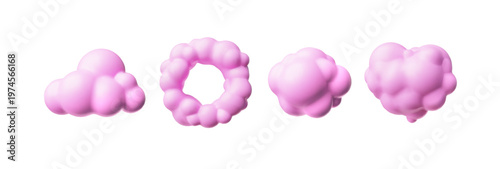 Pink cloud round shape 3D plastic style vector icons set, cartoon weather forecast cloudy circle balloon, meteorology