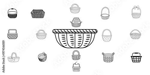 Minimalist Wicker Basket Icon Set – Hand-Drawn Picnic and Storage Container Doodles for Home Decor and Retail Branding